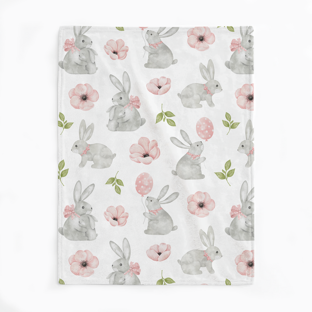 Gray Bunny Blanket with Pink Flowers for Baby, Toddler & Kids