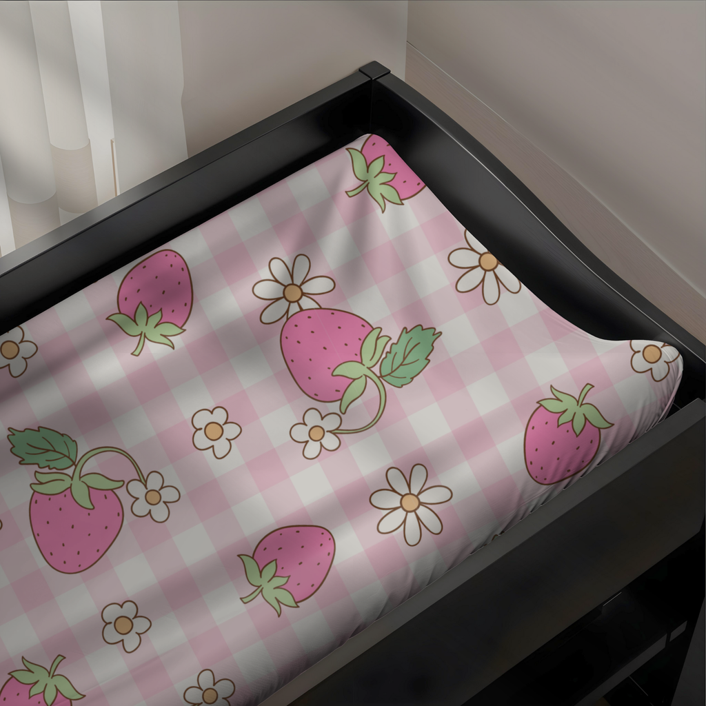 Soft Pink Gingham Strawberry Baby Changing Pad Cover