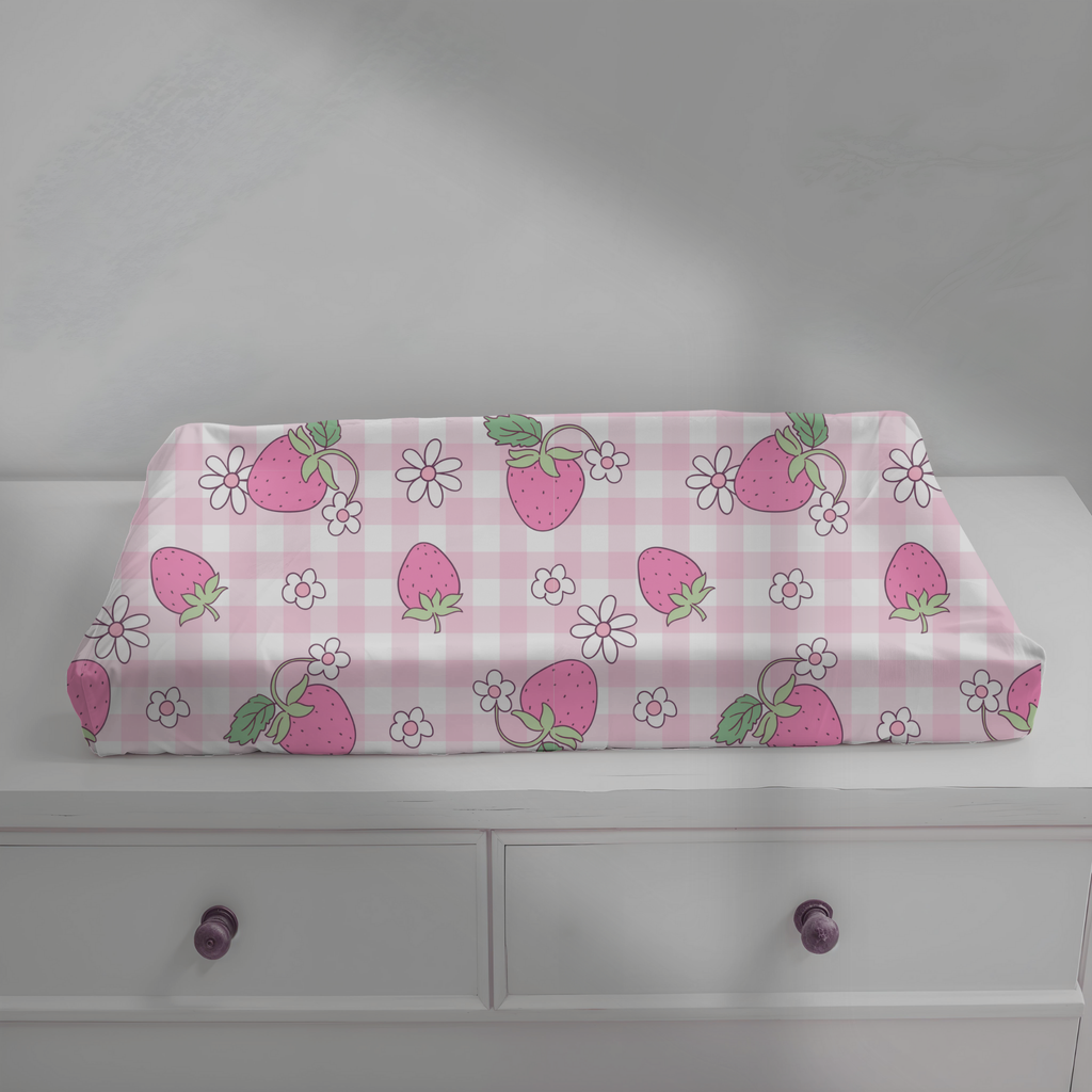Soft Pink Gingham Strawberry Baby Changing Pad Cover