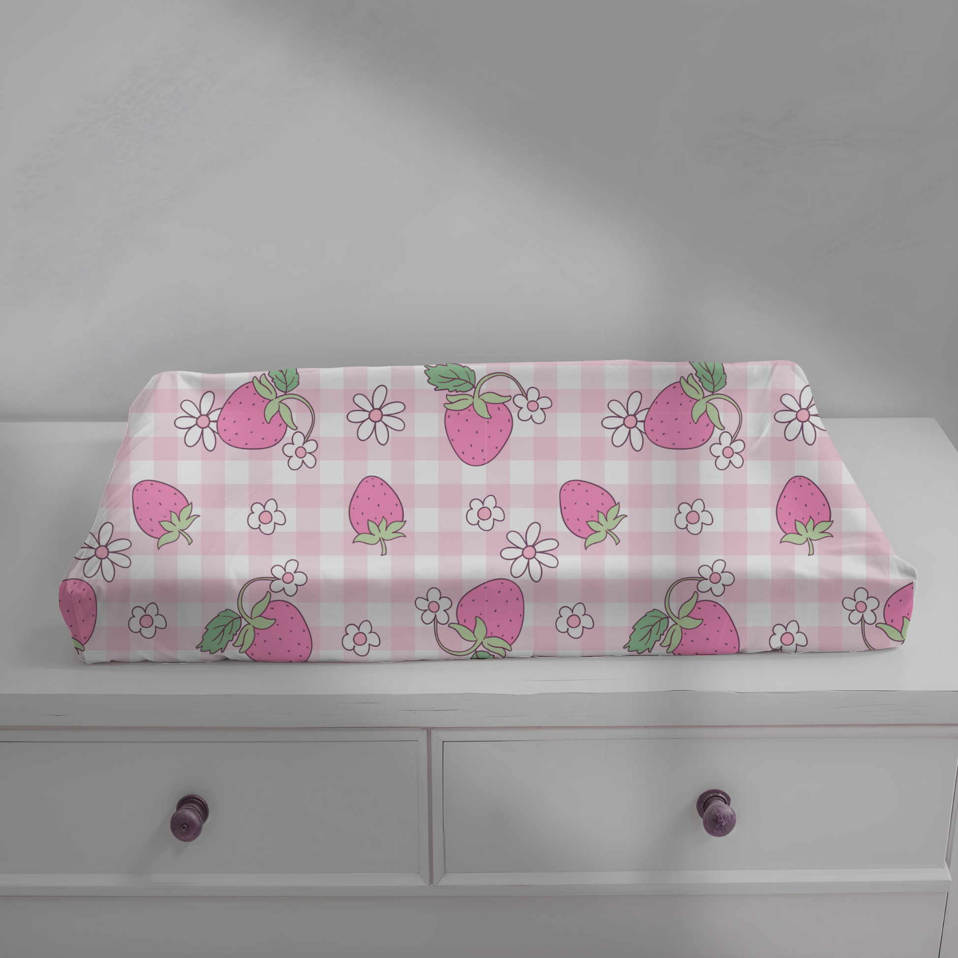 Soft Pink Gingham Strawberry Baby Changing Pad Cover