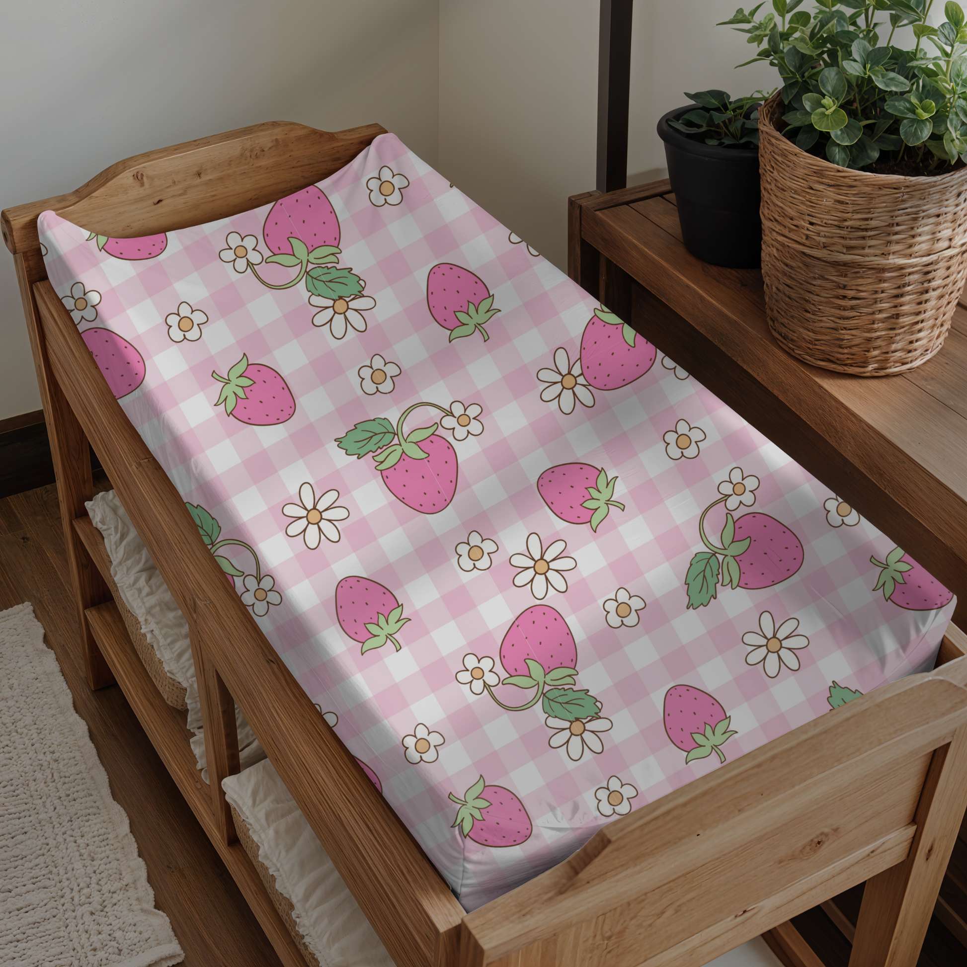 Soft Pink Gingham Strawberry Baby Changing Pad Cover