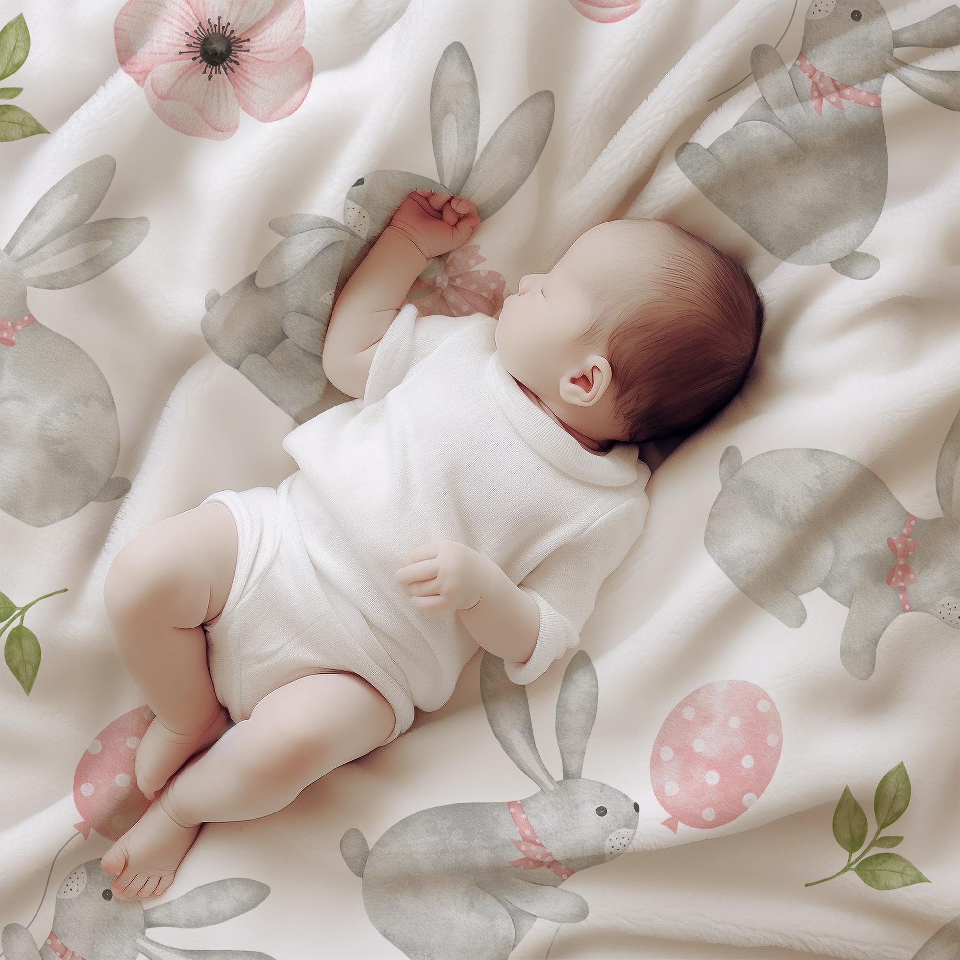 Gray Bunny Blanket with Pink Flowers for Baby, Toddler & Kids