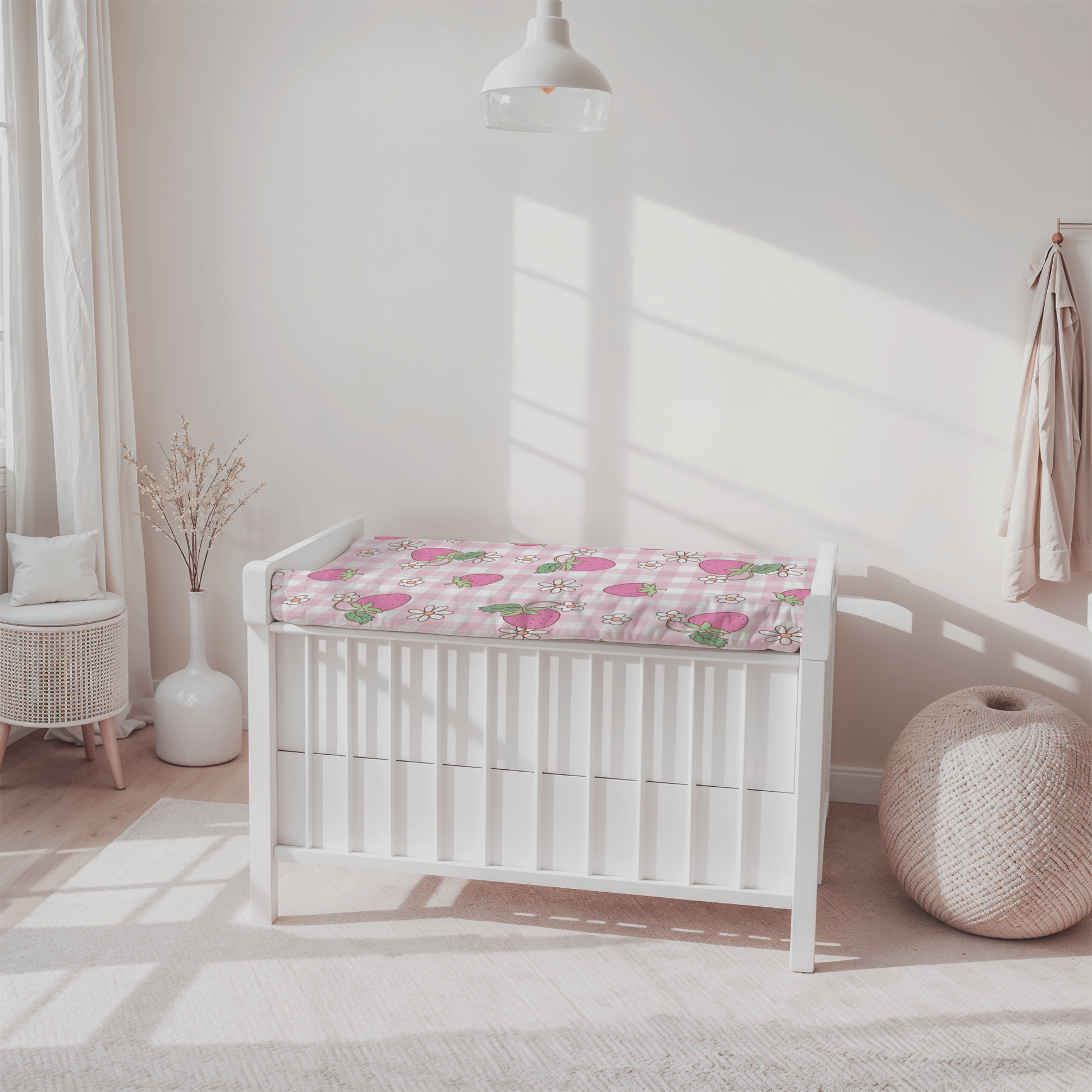 Soft Pink Gingham Strawberry Baby Changing Pad Cover