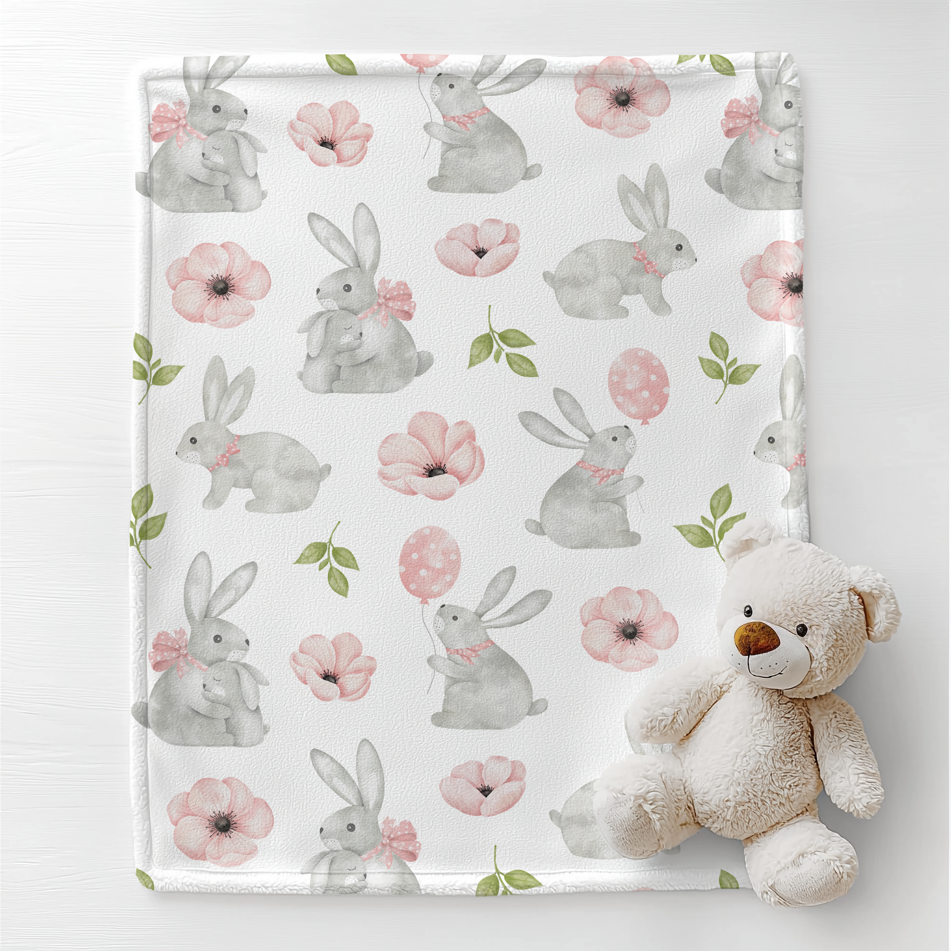 Gray Bunny Blanket with Pink Flowers for Baby, Toddler & Kids