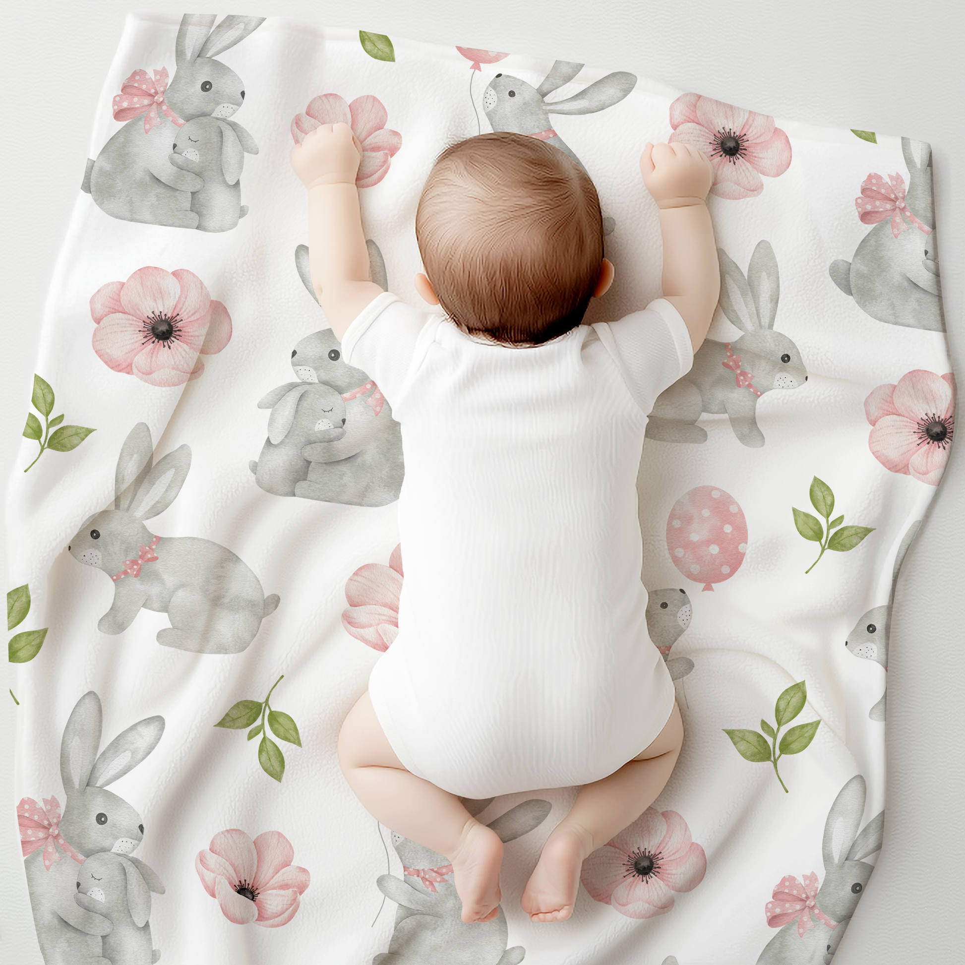 Gray Bunny Blanket with Pink Flowers for Baby, Toddler & Kids