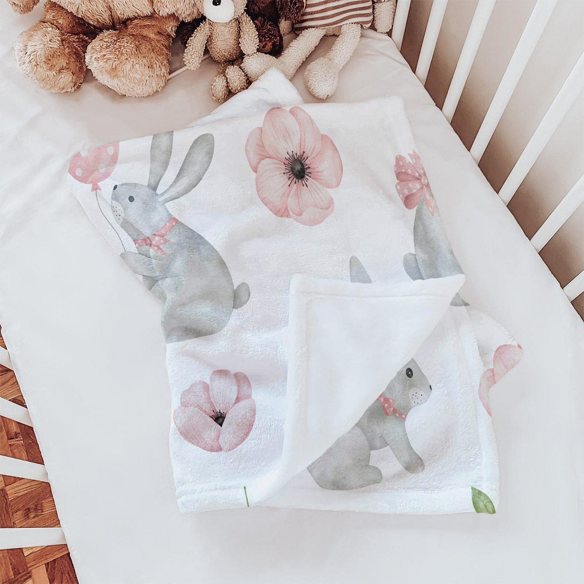Gray Bunny Blanket with Pink Flowers for Baby, Toddler & Kids