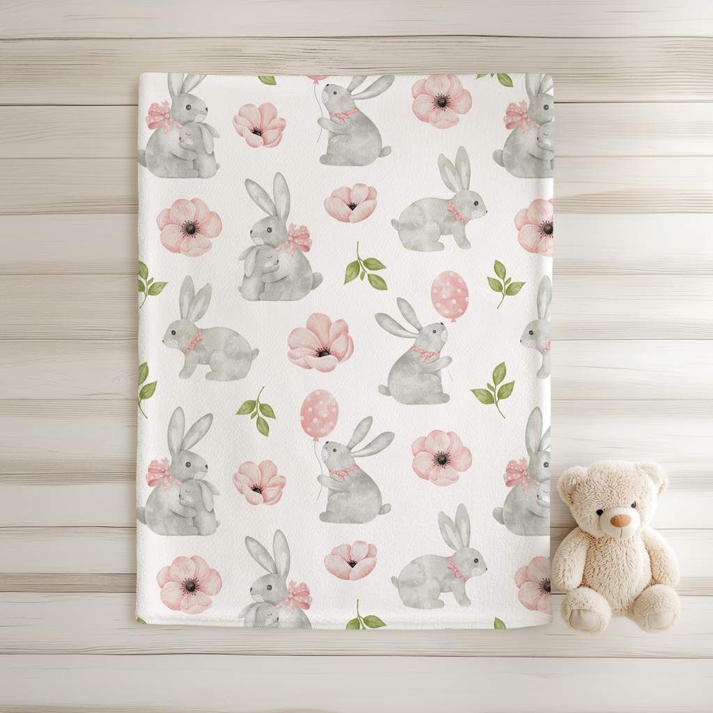 Gray Bunny Blanket with Pink Flowers for Baby, Toddler & Kids