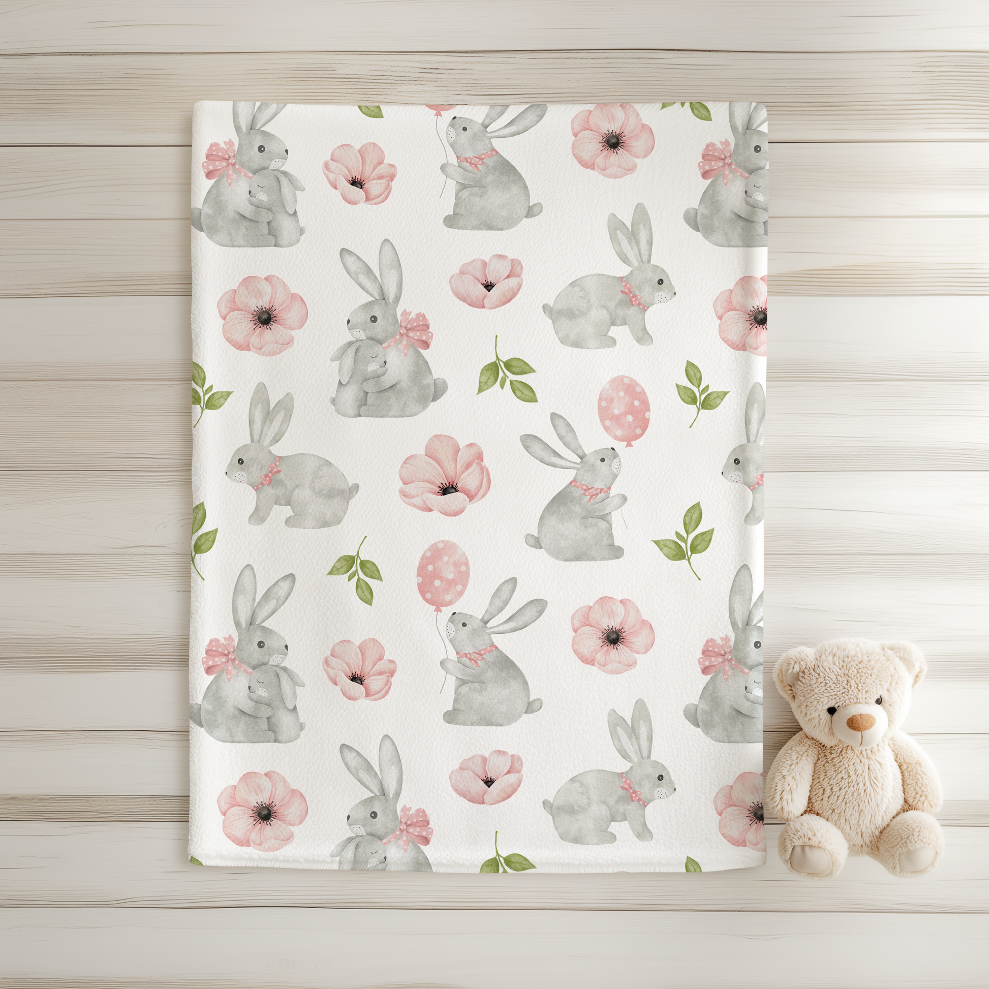 Gray Bunny Blanket with Pink Flowers for Baby, Toddler & Kids