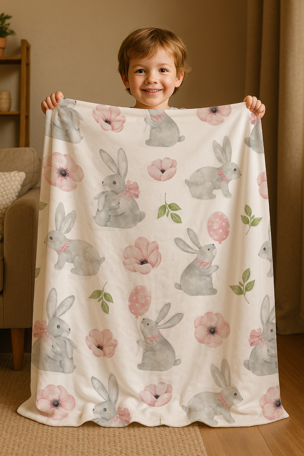 Gray Bunny Blanket with Pink Flowers for Baby, Toddler & Kids