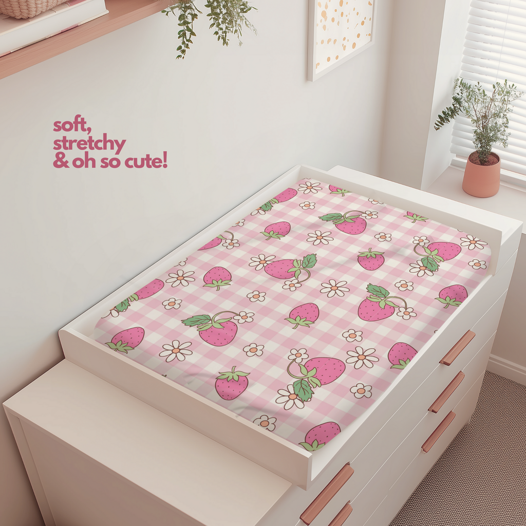 Soft Pink Gingham Strawberry Baby Changing Pad Cover